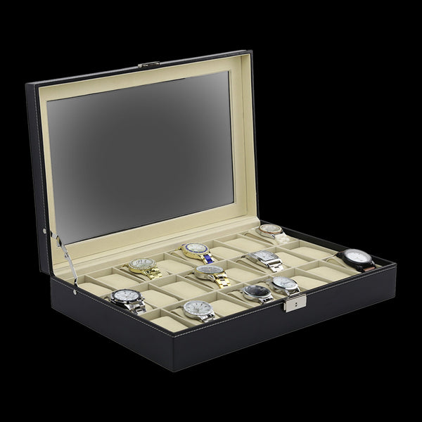 Watch Box 24 Slot Luxury Display Case With Framed Glass Lid Boxes & Cases
