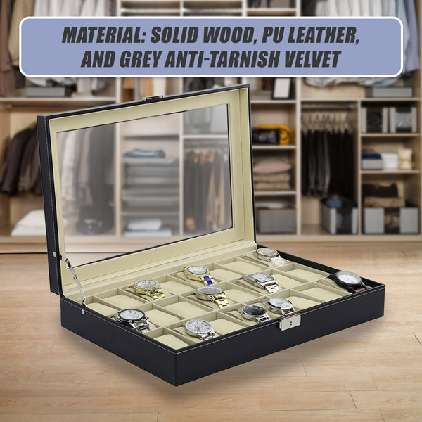 Watch Box 24 Slot Luxury Display Case With Framed Glass Lid Boxes & Cases