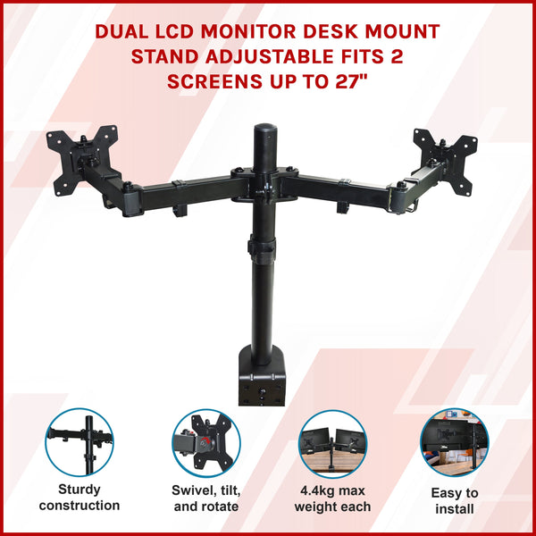 Dual Lcd Monitor Desk Mount Stand Adjustable Fits 2 Screens Up To 27" Monitor Mounts & Stands