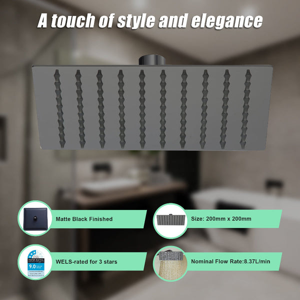 200Mm Shower Head Square 304Ss Electroplated Matte Black Finish Shower Heads & Combos