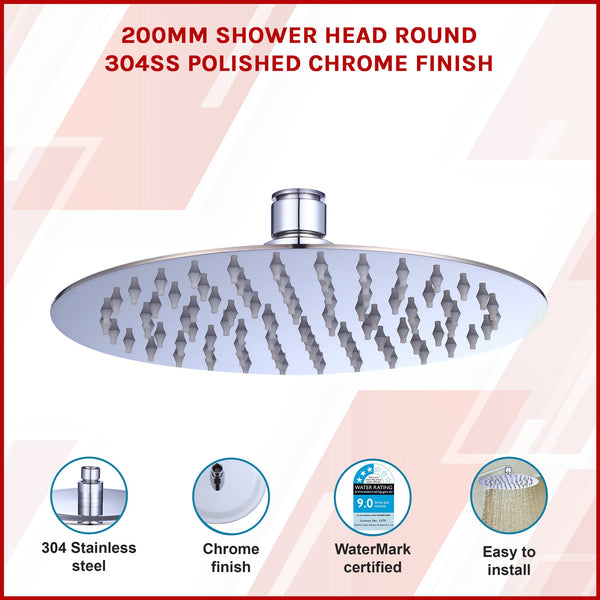 200Mm Shower Head Round 304Ss Polished Chrome Finish Shower Heads & Combos