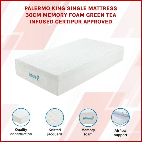 King Single Mattress 30Cm Memory Foam Green Tea Infused White Mattresses