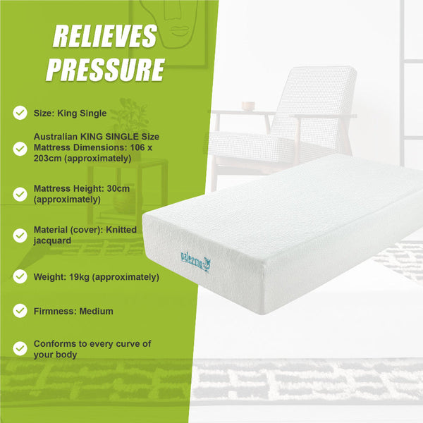 King Single Mattress 30Cm Memory Foam Green Tea Infused White Mattresses