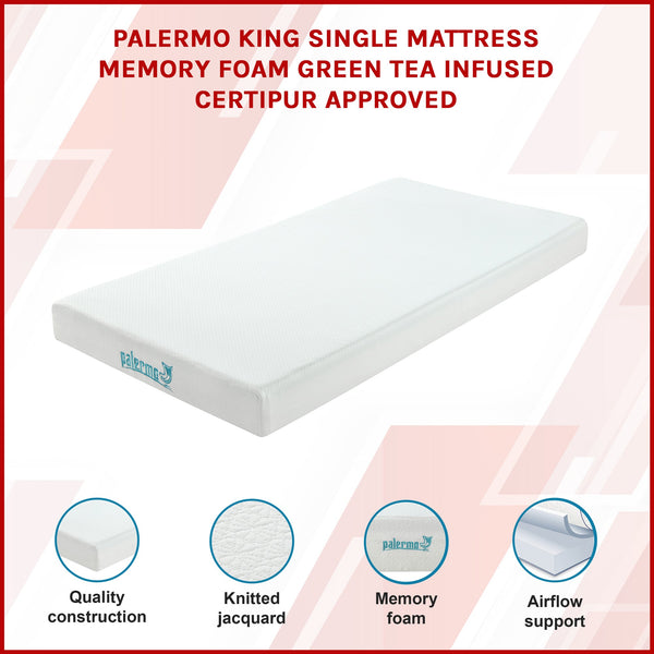 Palermo King Single Mattress Memory Foam Green Tea Infused Certipur Mattresses