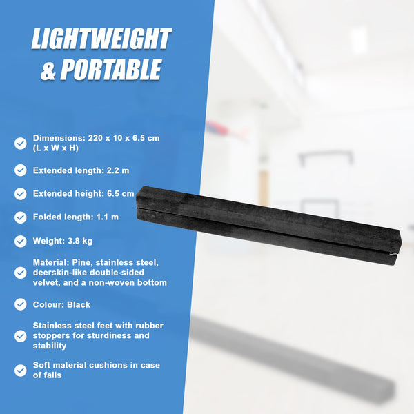 2.2M Gymnastics Folding Balance Beam Black Synthetic Suede Balance Beams