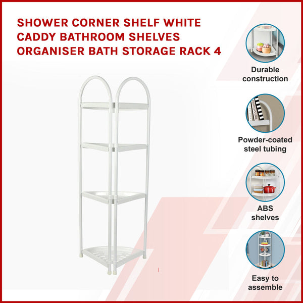 Shower Corner Shelf White Caddy Bathroom Organiser Storage Rack 4 Shelves