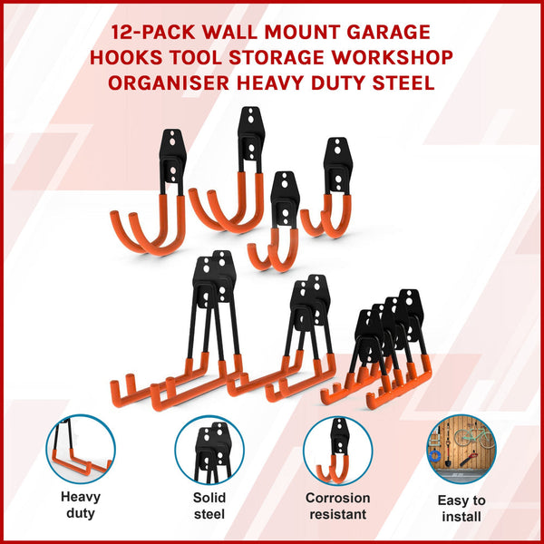 12 Pack Wall Mount Garage Hooks Tool Storage Workshop Organiser Heavy Duty Steel Hooks & Hangers