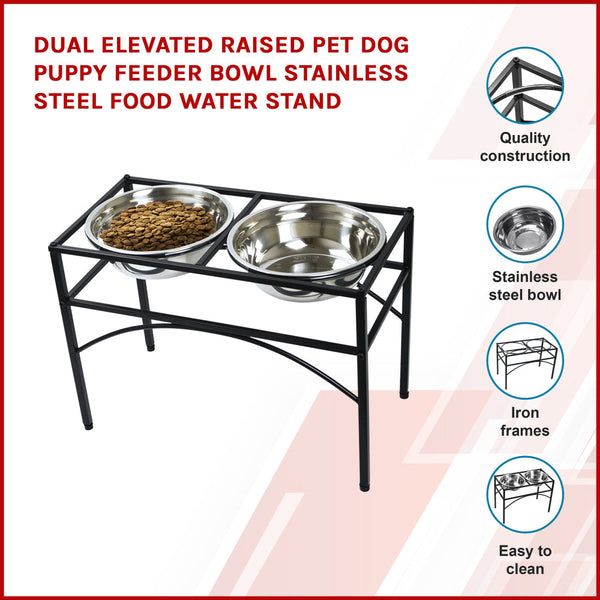 Dual Elevated Raised Pet Dog Puppy Feeder Bowl Stainless Steel Food Water Stand Dog Bowls