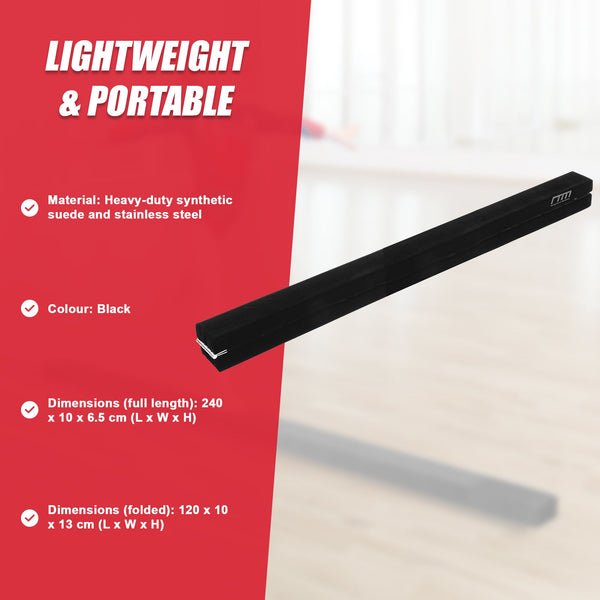 2.4M (8Ft) Gymnastics Folding Balance Beam Black Synthetic Suede Balance Beams