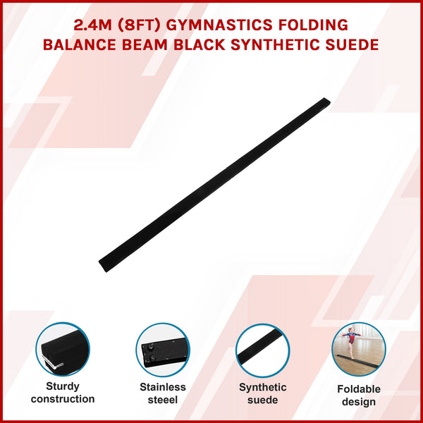 2.4M (8Ft) Gymnastics Folding Balance Beam Black Synthetic Suede Balance Beams
