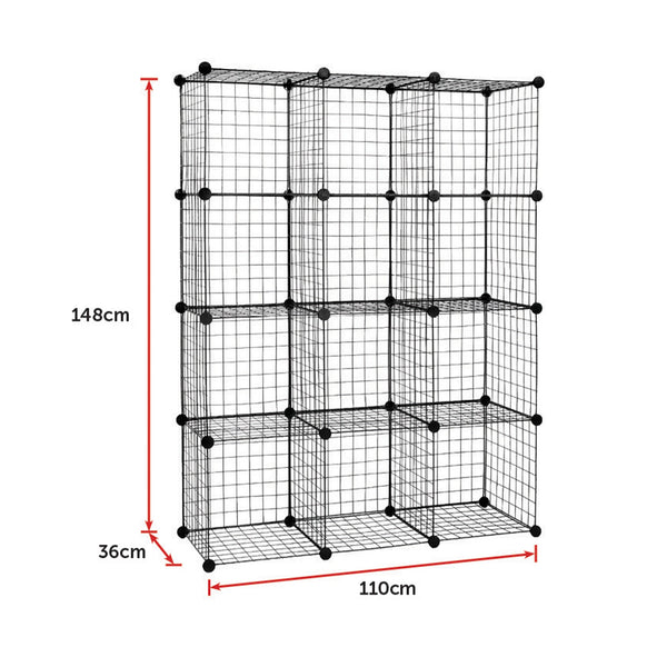 12 Cube Wire Grid Organiser Bookcase Storage Cabinet Wardrobe Closet Black Bookshelves