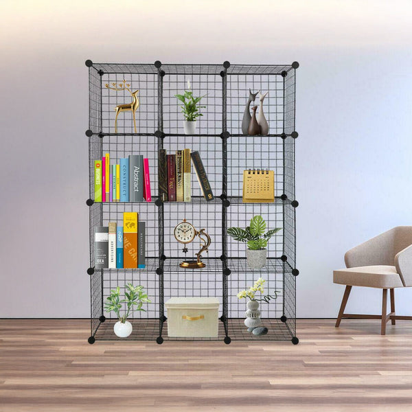 12 Cube Wire Grid Organiser Bookcase Storage Cabinet Wardrobe Closet Black Bookshelves