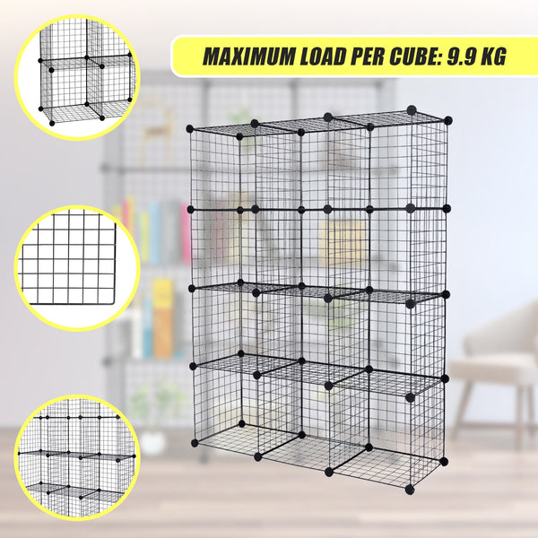 12 Cube Wire Grid Organiser Bookcase Storage Cabinet Wardrobe Closet Black Bookshelves