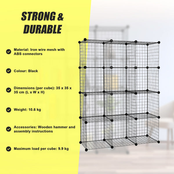 12 Cube Wire Grid Organiser Bookcase Storage Cabinet Wardrobe Closet Black Bookshelves