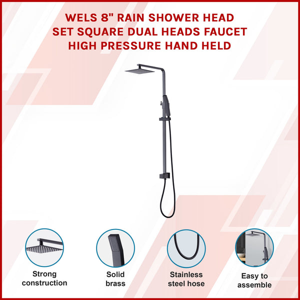 Wels 8" Rain Shower Head Set Square Dual Heads Faucet High Pressure Hand Held Shower Heads & Combos