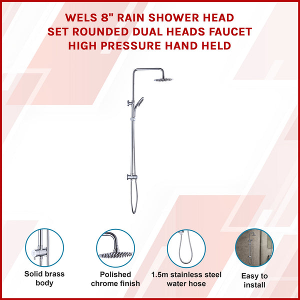 Wels 8" Rain Shower Head Set Rounded Dual Heads Faucet High Pressure Hand Held Shower Heads & Combos