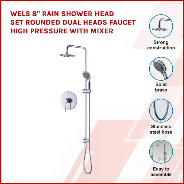 Wels 8" Rain Shower Head Set Rounded Dual Heads Faucet High Pressure With Mixer Shower Heads & Combos