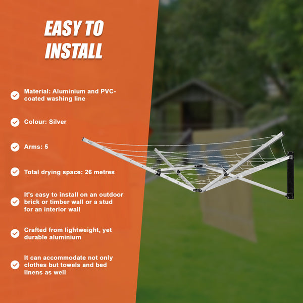 26M 5 Arm Wall Hang Mountable Clothes Airer Dryer Washing Line Bathroom Kitchen Clothes Airers