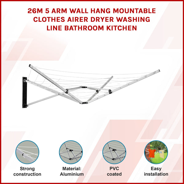 26M 5 Arm Wall Hang Mountable Clothes Airer Dryer Washing Line Bathroom Kitchen Clothes Airers