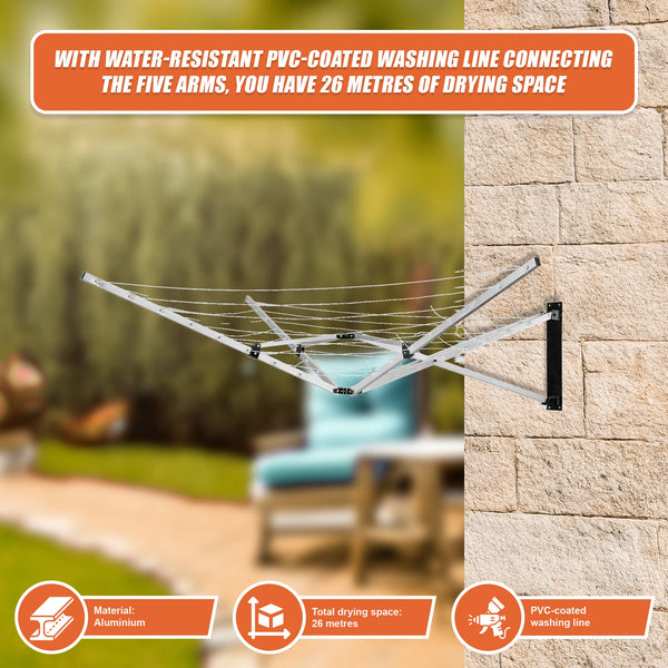 26M 5 Arm Wall Hang Mountable Clothes Airer Dryer Washing Line Bathroom Kitchen Clothes Airers