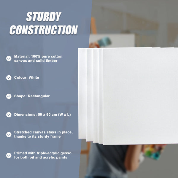5 Pack Of 50X60cm Artist Blank Canvases Large White Range Oil Acrylic Wood Stretched Canvas