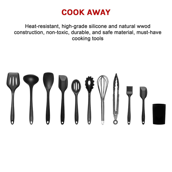 11Pcs Kitchen Utensil Set Silicone Heat Resistant Non Stick Utensils Black Serving Utensils & Sets