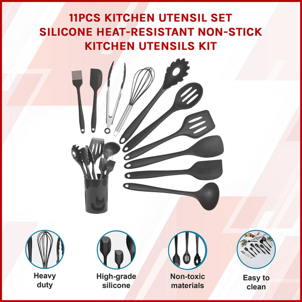 11Pcs Kitchen Utensil Set Silicone Heat Resistant Non Stick Utensils Black Serving Utensils & Sets