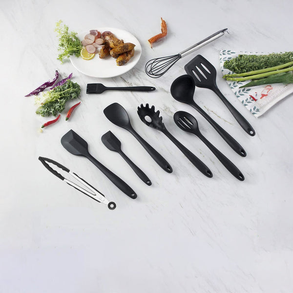 11Pcs Kitchen Utensil Set Silicone Heat Resistant Non Stick Utensils Black Serving Utensils & Sets