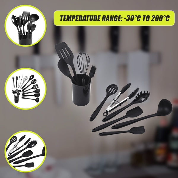 11Pcs Kitchen Utensil Set Silicone Heat Resistant Non Stick Utensils Black Serving Utensils & Sets