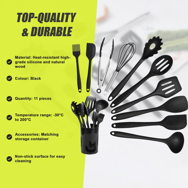 11Pcs Kitchen Utensil Set Silicone Heat Resistant Non Stick Utensils Black Serving Utensils & Sets