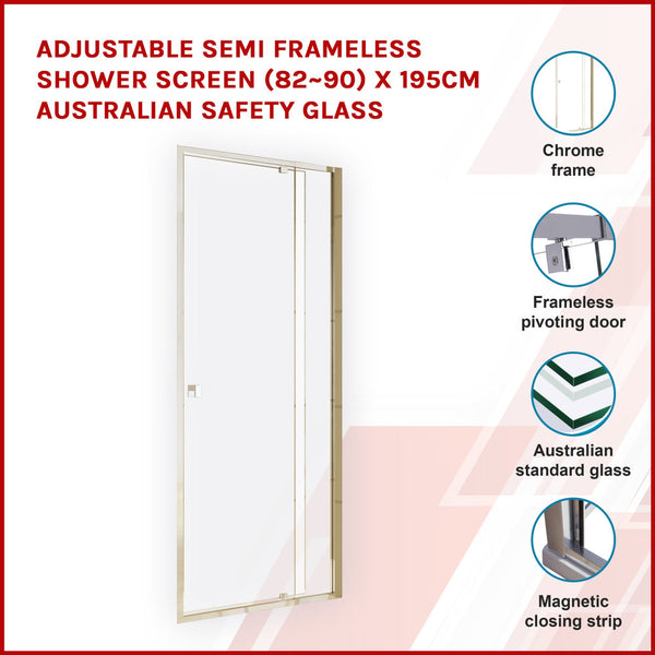 Semi Frameless Shower Screen (82~90) X 195Cm Australian Safety Glass Shower Doors