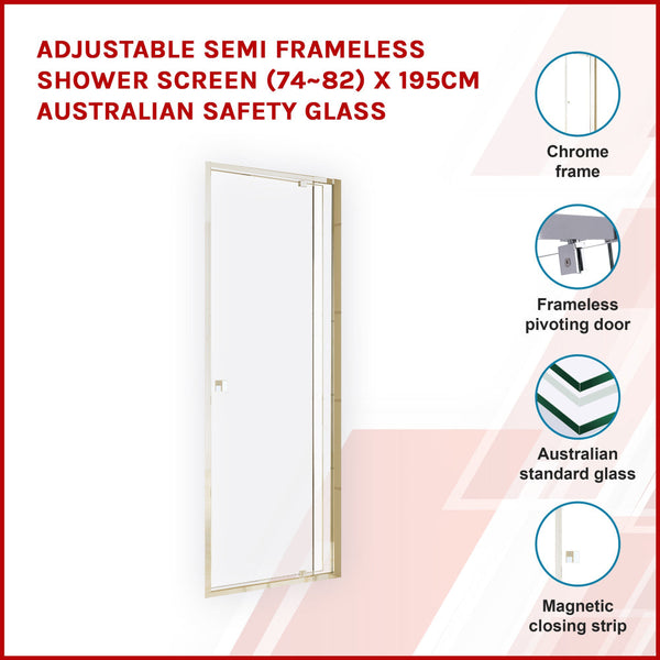 Semi Frameless Shower Screen (74~82) X 195Cm Australian Safety Glass Shower Doors