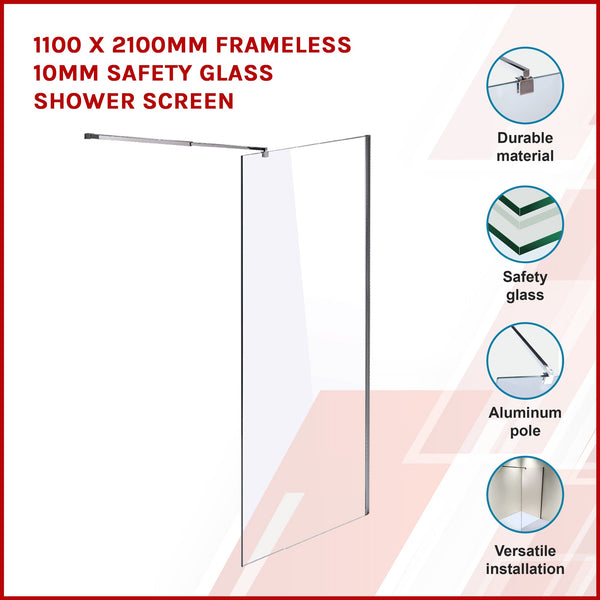 1100 X 2100Mm Frameless 10Mm Safety Glass Shower Screen Shower Enclosures