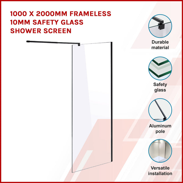 1000 X 2000Mm Frameless 10Mm Safety Glass Shower Screen Shower Enclosures