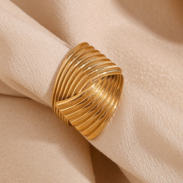 Veile Studios Retro Hand Decorated Geometric Fan Shaped Stripe Cross Ring For Women Rings