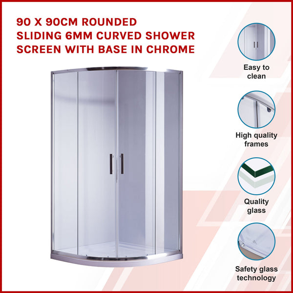90 X 90Cm Rounded Sliding 6Mm Curved Shower Screen With Base In Chrome Shower Enclosures