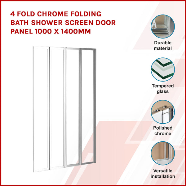 4 Fold Chrome Folding Bath Shower Screen Door Panel 1000 X 1400Mm Shower Enclosures