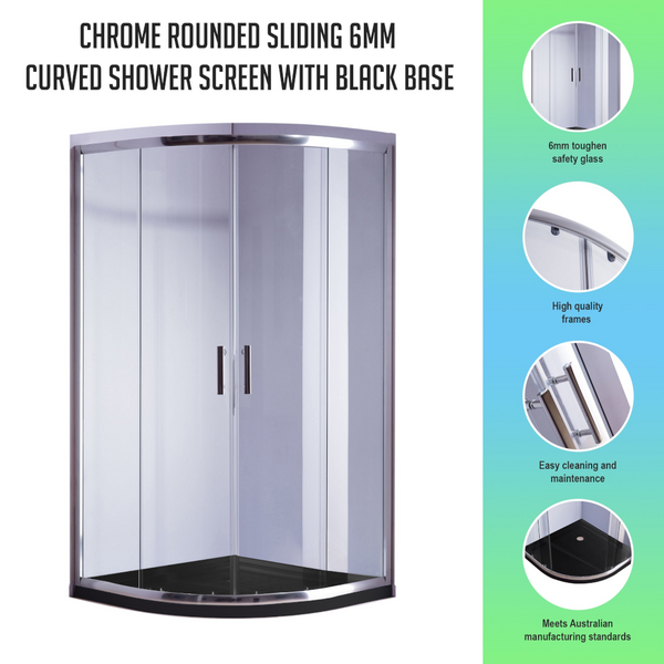 100 X 100Cm Chrome Rounded Sliding 6Mm Curved Shower Screen With Black Base Shower Enclosures