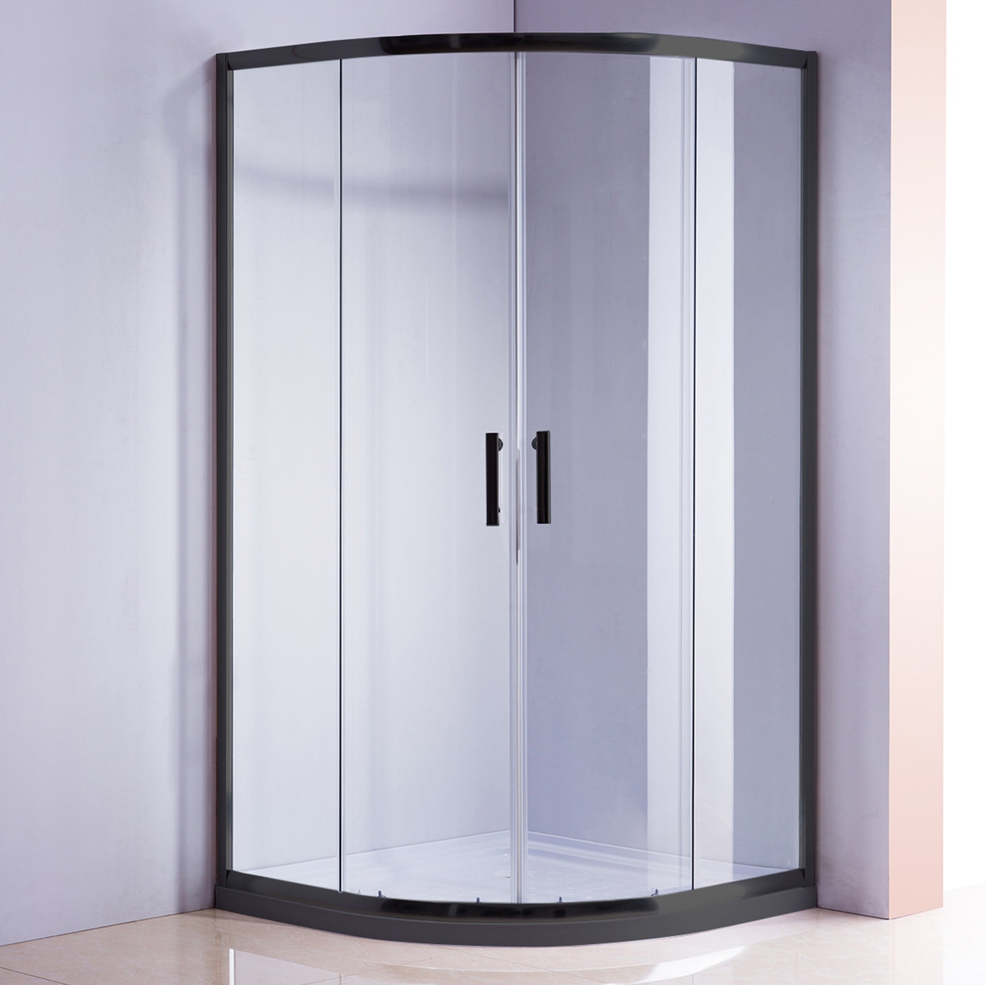 90 X 90Cm Black Rounded Sliding 6Mm Curved Shower Screen With White Base Shower Enclosures
