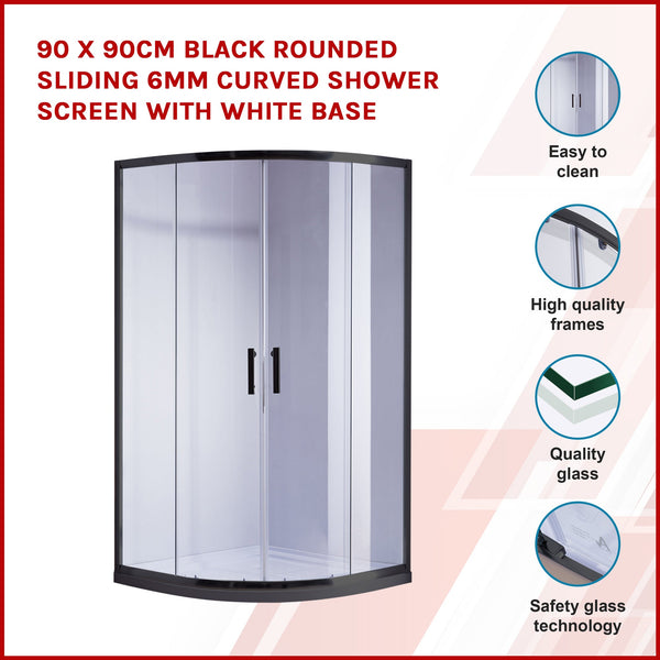 90 X 90Cm Black Rounded Sliding 6Mm Curved Shower Screen With White Base Shower Enclosures