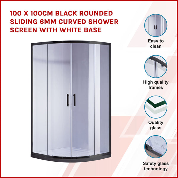 100 X 100Cm Black Rounded Sliding 6Mm Curved Shower Screen With White Base Shower Enclosures