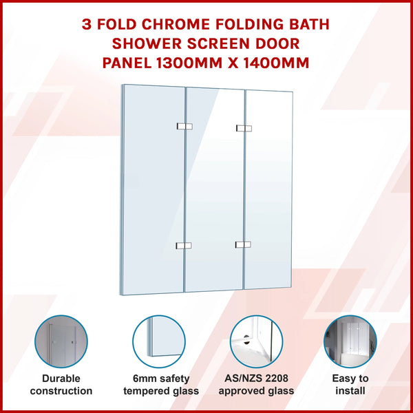 3 Fold Chrome Folding Bath Shower Screen Door Panel 1300Mm X 1400Mm Shower Enclosures