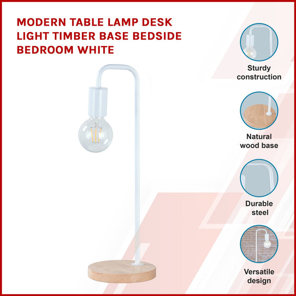 Modern Table Lamp Desk Light Timber Base Bedside Bedroom White Lamps