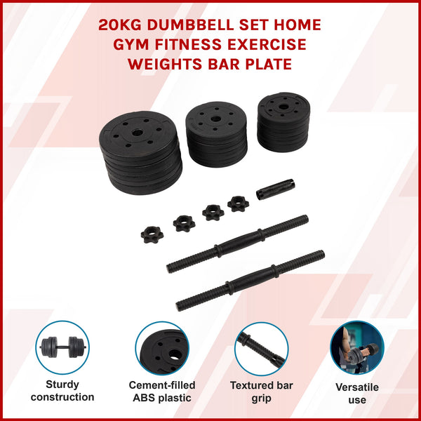 20Kg Dumbbell Set Home Gym Fitness Exercise Weights Bar Plate Dumbbells