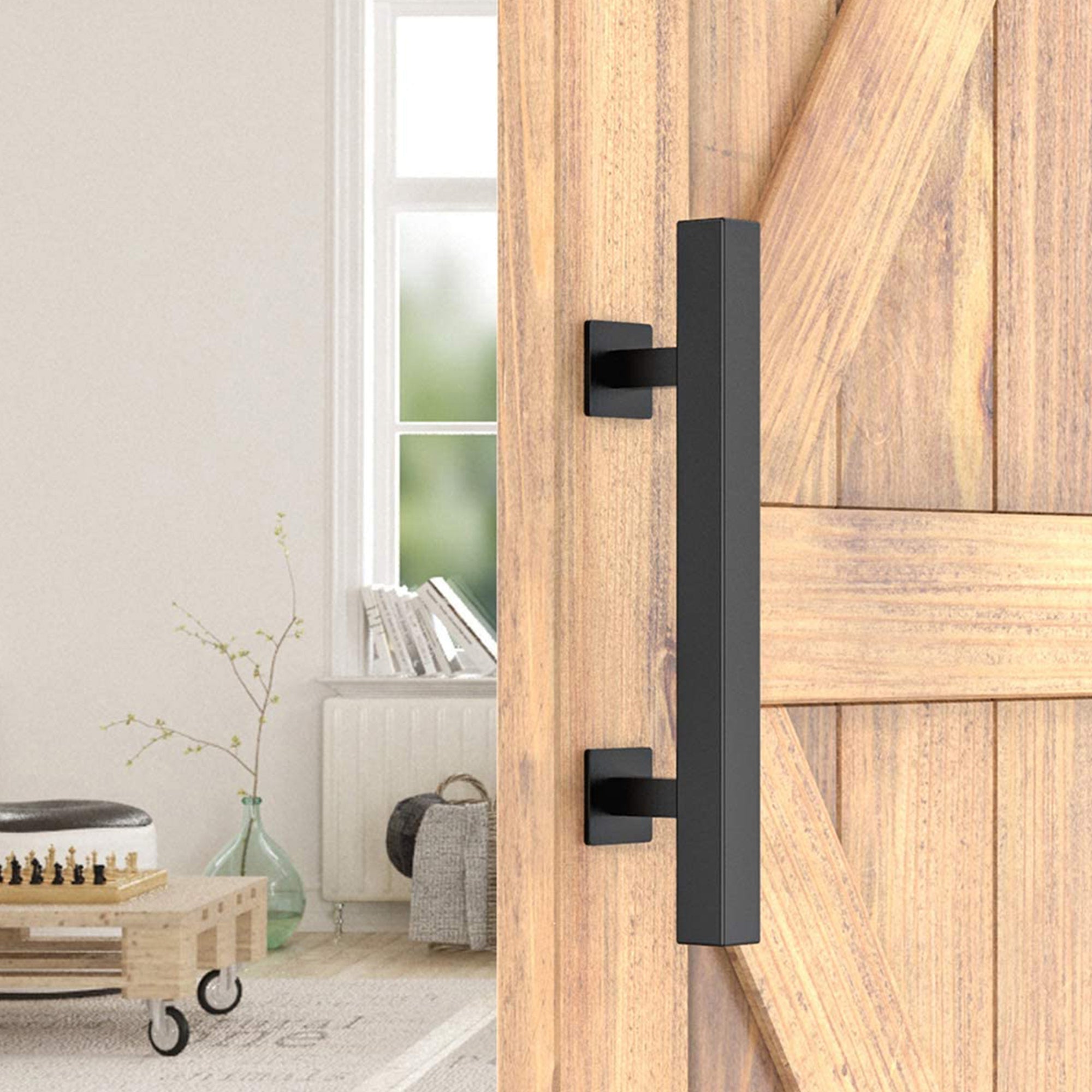 12" Square Pull And Flush Door Handle Set Black Barn Hardware Other Door Hardware