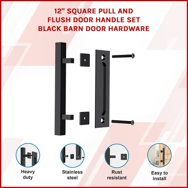 12" Square Pull And Flush Door Handle Set Black Barn Hardware Other Door Hardware