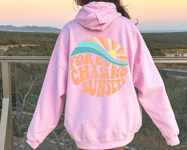 Women Fleece Lined Sunset Print Kangaroo Pocket Drawstring Hoodie Hoodies & Sweatshirts