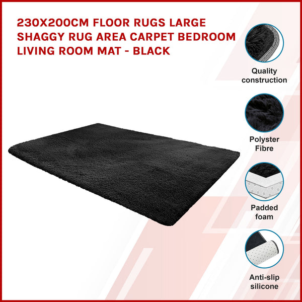 230X200cm Floor Large Shaggy Area Carpet Bedroom Living Room Mat Black Rugs