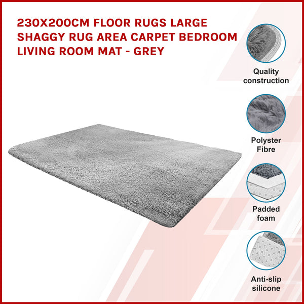 230X200cm Floor Large Shaggy Area Carpet Bedroom Living Room Mat Grey Rugs