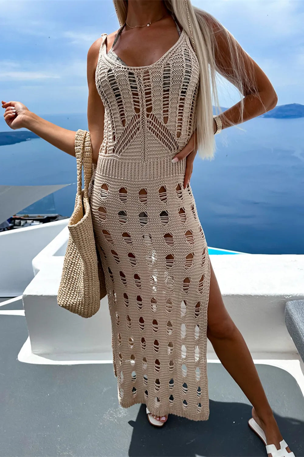 Openwork Slit Scoop Neck Sleeveless Cover Up Dresses